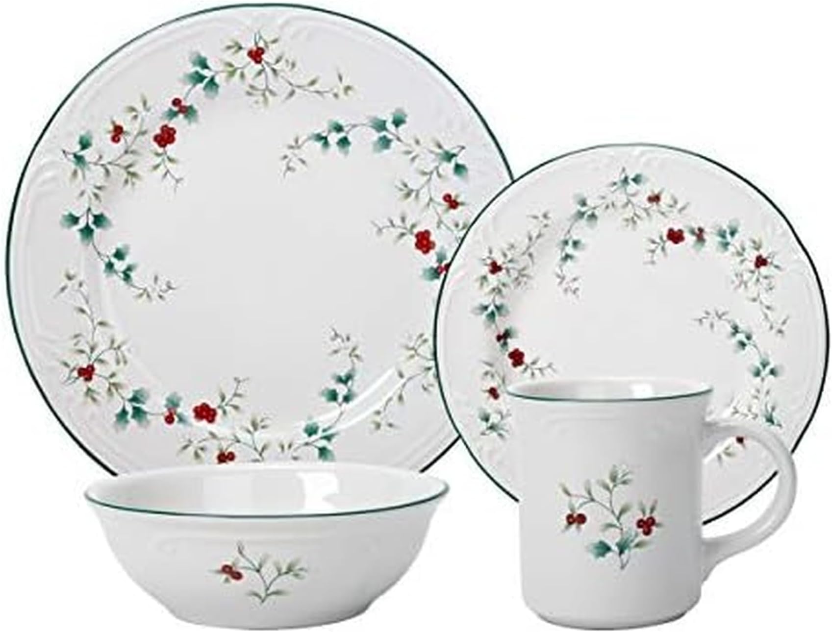5072007 Winterberry Holiday 16 Piece Dinnerware Set, Service for 4, White