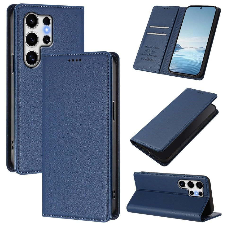 Coque Samsung Galaxy S23 étui portefeuille bleu foncé rabat aimanté en cuir véritable