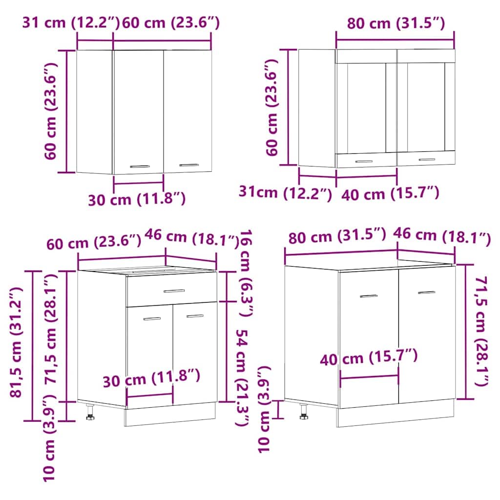 4-TLG. Küchenschrank-Set Moderne Küchenzeile ohne Elektrogeräte Geräumige Einbauküche mit viel Stauraum Küchenblock variabel stellbar Lyon Artisan-Eiche Holzwerkstoff