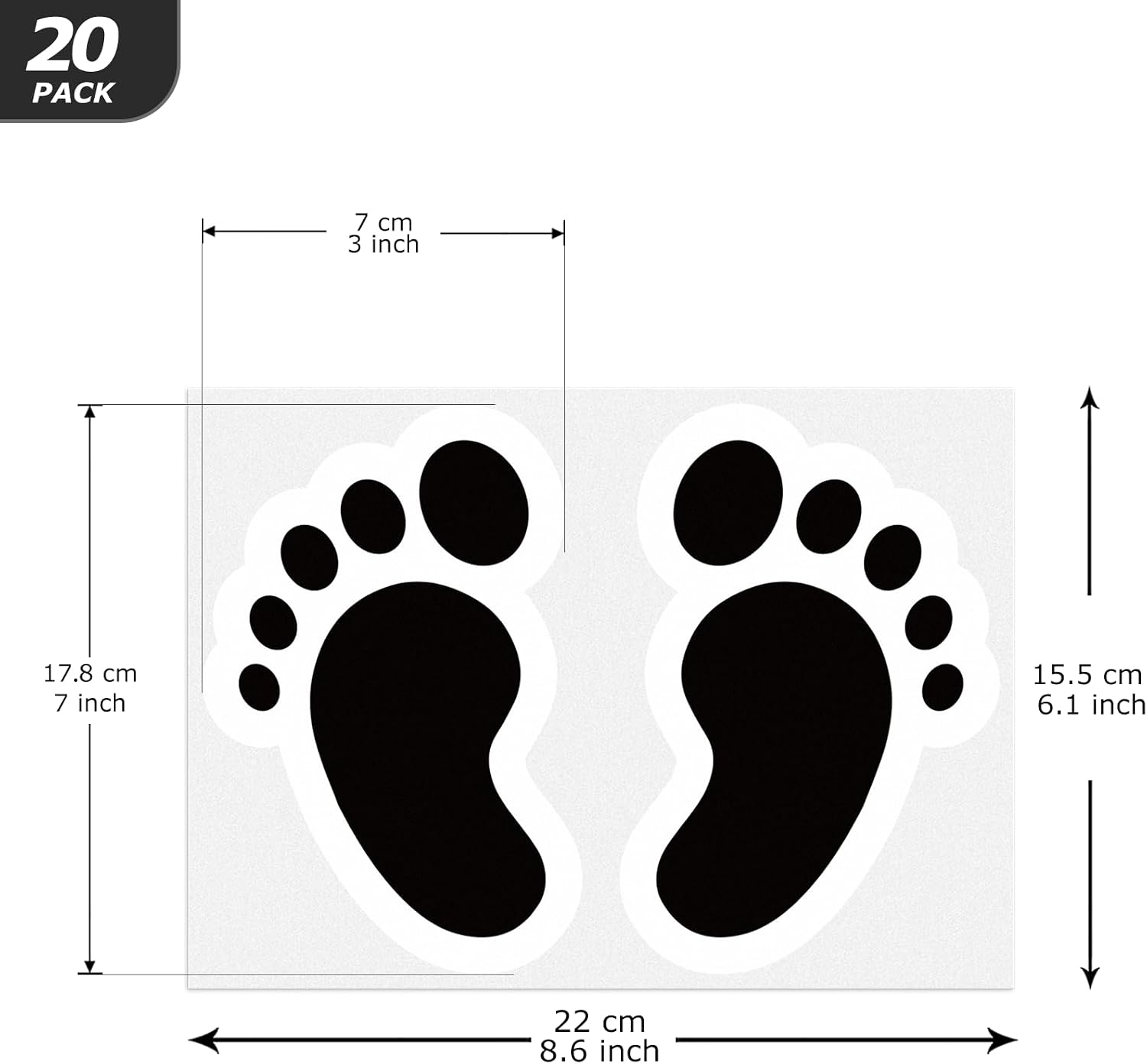 Black Footprint Stickers 4 × 6 Inches Vinyl Self Adhesive Kids Floor Decals Waterproof Foot Print Sticker for Business School Office Wall Stairs 20 Pairs