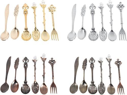 Miniatura 8 de Fdit 6 unids/set cubiertos Vintage cuchara postre café cuchara de mezcla cucharadita de helado cuchara de helado tenedor de frutas de metal real