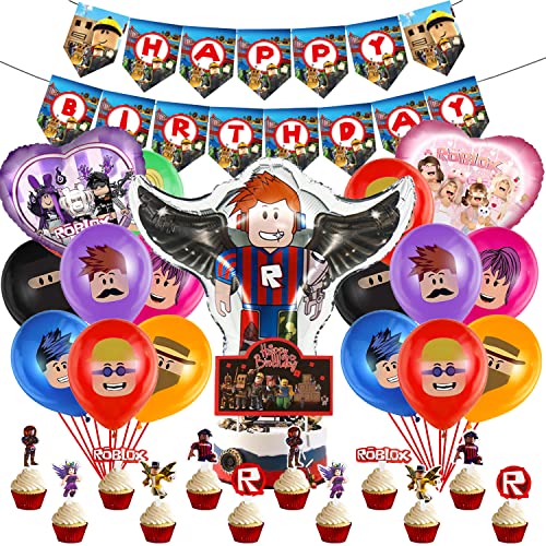 Geburtstag Deko 59 Pcs,Latex Luftballon,Aluminium Luftballons,Kuchen Dekoration,Cupcake Topper,Geburtstag Banner,Kinder Spielliebhaber Party Dekoration