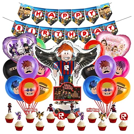 59 Pcs Roblox Cumpleaños Decoracion,Feliz Cumpleaños del Pancarta,Roblox Globo de Latex,Roblox Adorno de Torta,Globos de Papel de Aluminio,Roblox Cupcakes Toppers,Decoraciones de Fiesta para Niños
