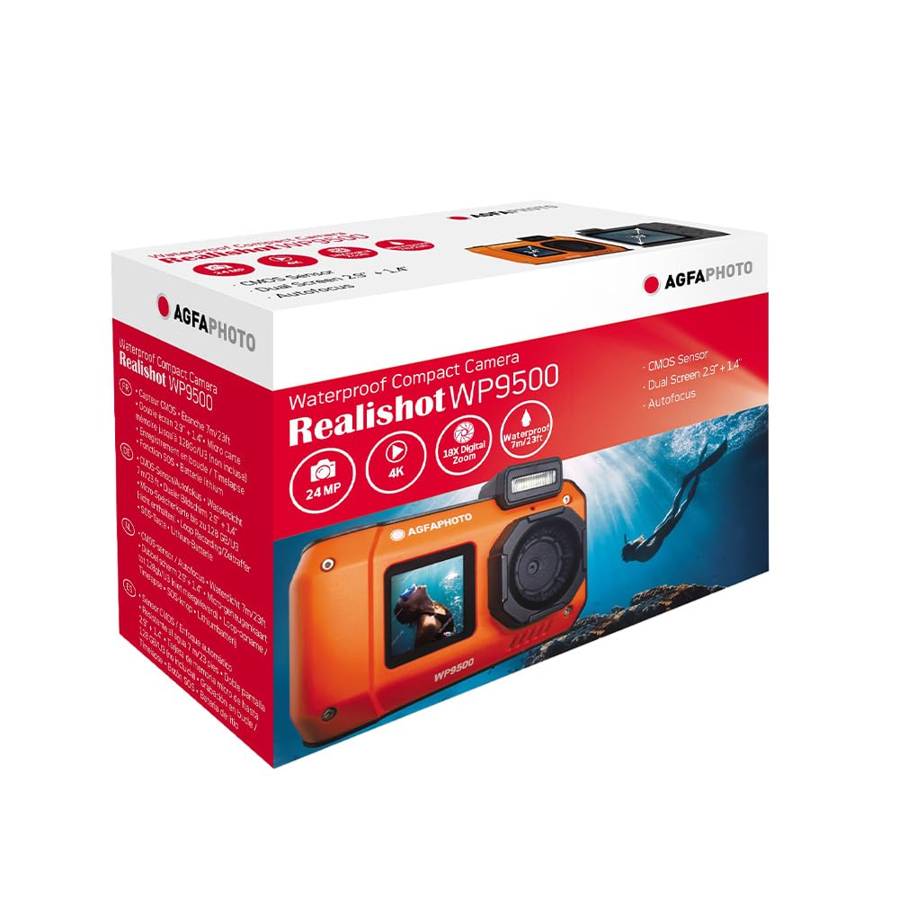 AgfaPhoto Realishot WP9500 - Appareil Photo Numérique Waterproof, Étanche 7m, 24 MP, Zoom 18X, Vidéo 4K, Double Écran 2.9"/1.4" - Orange