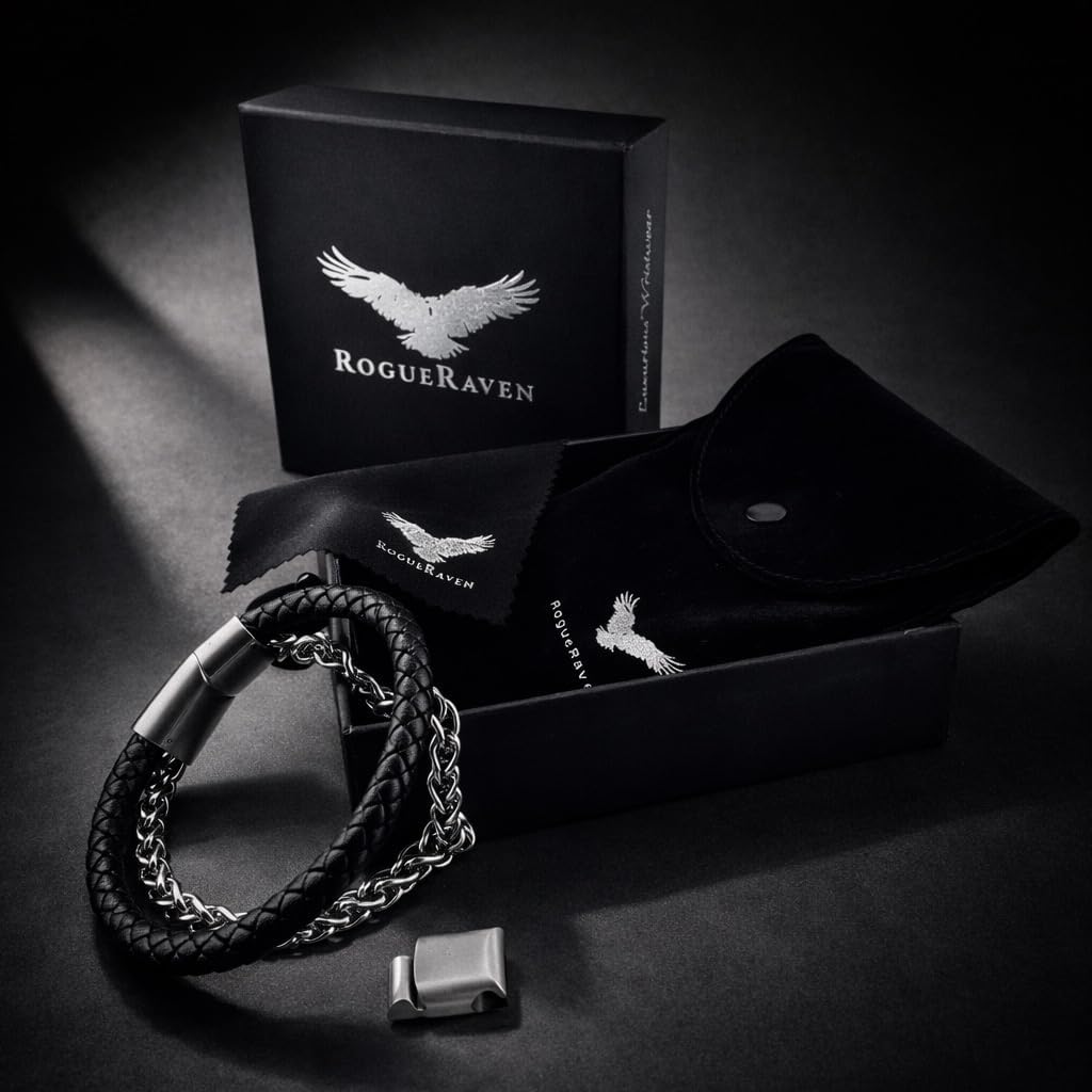 RogueRaven Premium I Black Leather Bracelet for Men | Genuine Braided Leather: Single, Double, Stacked & Stainless Steel Chain Designs| Genuine Leather Mens Bracelet with Stainless Steel Clasp [Adjustable] | Exclusive Jewelry Gift Box