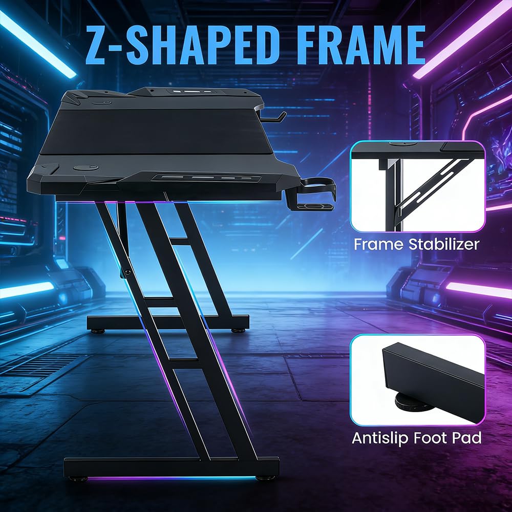 Biurko do gier Led 120 x 60, ergonomiczny stół do gier komputerowych ze światłem RGB, stół dla graczy w kształcie litery Z, stół dla graczy z uchwytem na kubek i haczykiem na kask, taca z włókna
