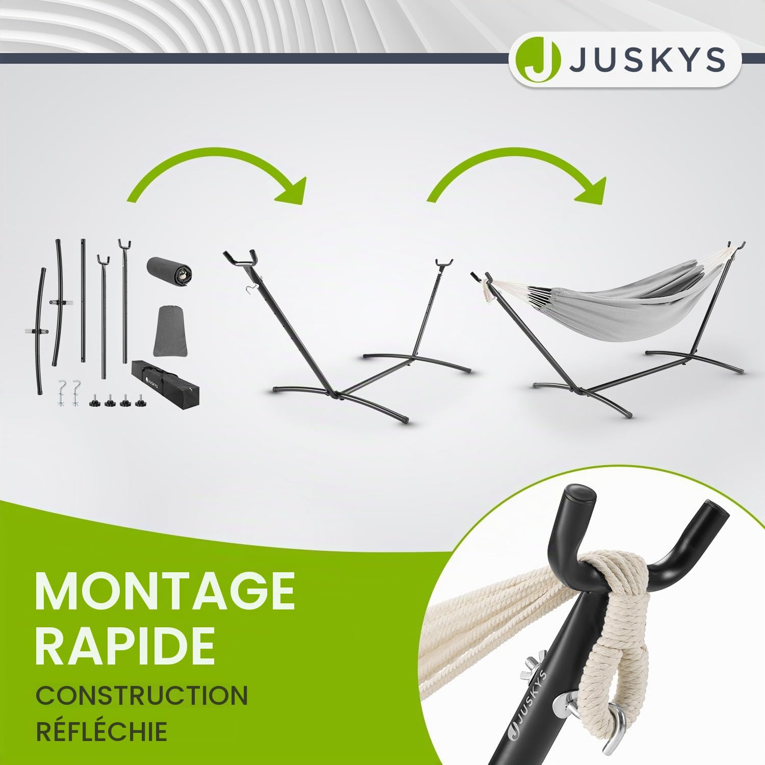 Hamac Paya de Juskys avec châssis - hamac Double d'extérieur, pour 2 Personnes - supporte jusqu'à 200 kg - hamac Double d'intérieur - Gris Clair