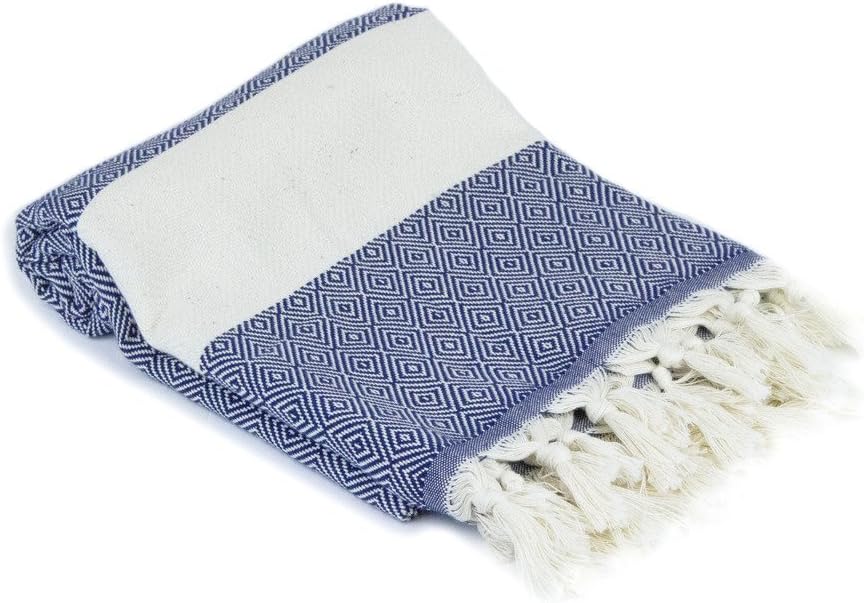 Indulge Turkish Linen Premium Turkish Peshtemal 100% Cotton; Fouta Towel That is Absorbent, Quick Drying, Ultra Soft, and is a Multi use Blanket Diamond Design (Navy Blue)