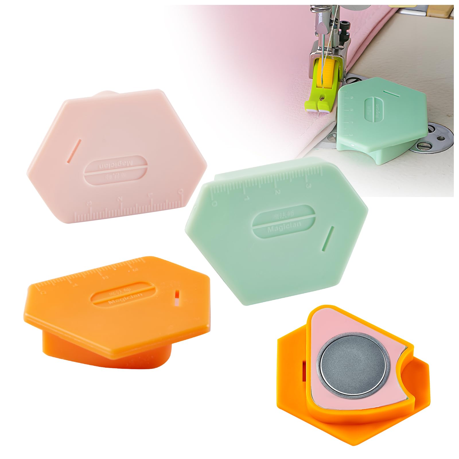 Magnetic Seam Guide for Sewing Machine,Polygonal Multifucntional Seam Guide Hemmer with Scale,Universal Seam Guide, Hemmer Guide,Sewing Accessories & Supplies (3pcs)