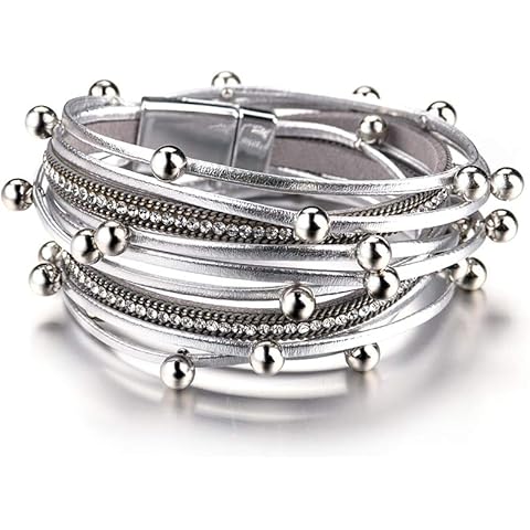 Fesciory Leather Wrap Bracelets for Women, Boho Leopard Multi-Layer Crystal Beads Cuff Bracelet Jewelry