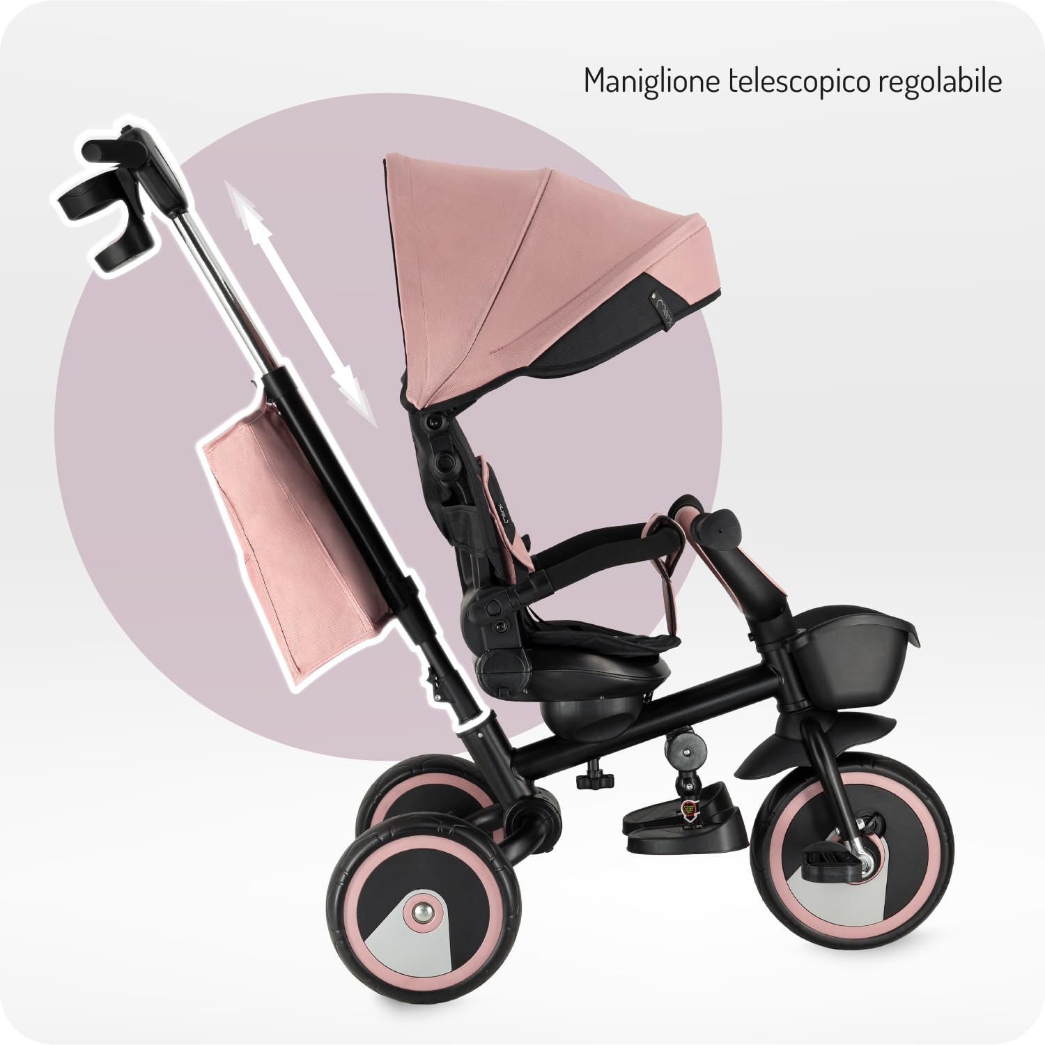 Triciclo per bambini MoMi IVI, seduta girevole 360°, cinture a 3 punti, poggiapiedi, tettuccio parasole, ruote EVA, manubrio regolabile, borsa e cestino portaoggetti