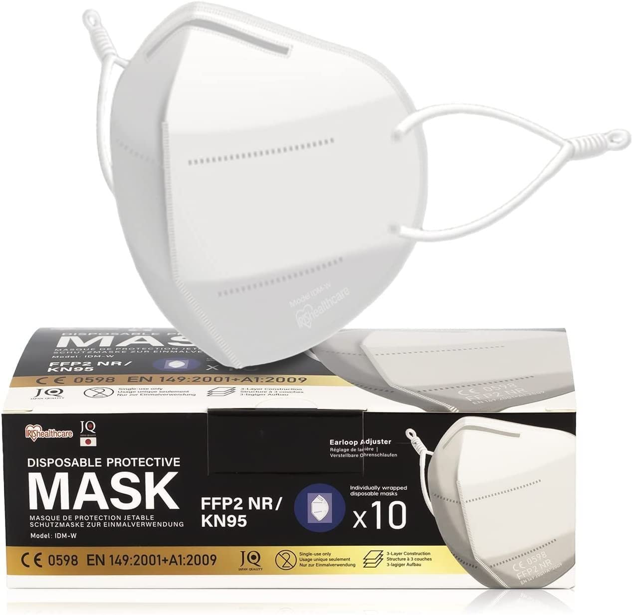 Iris Ohyama, Pack of 10 disposable FFP2 masks, Adjustable anti-irritation earloops, Nose clip, 3 layers, For clinical medical personnel - Protective Mask IDM - White