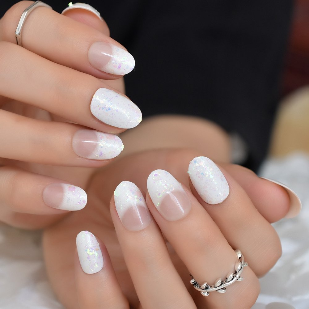 Colorful Glitter White Press on French Fake Nails Round Head False Full Press on Nails for Girl Bride Office Daily Wear Nail Art Tips