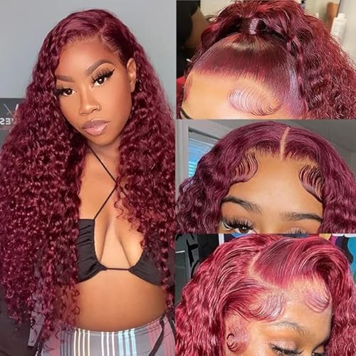 Jasperel Burgundy 13x4 Lace Front Wigs Human Hair for Black Women 99J Deep Wave Lace Front Wigs Pre Plucked with Baby Hair Wine Red Colored Frontal Curly Human Hair Wig 150 Density 20 Inch