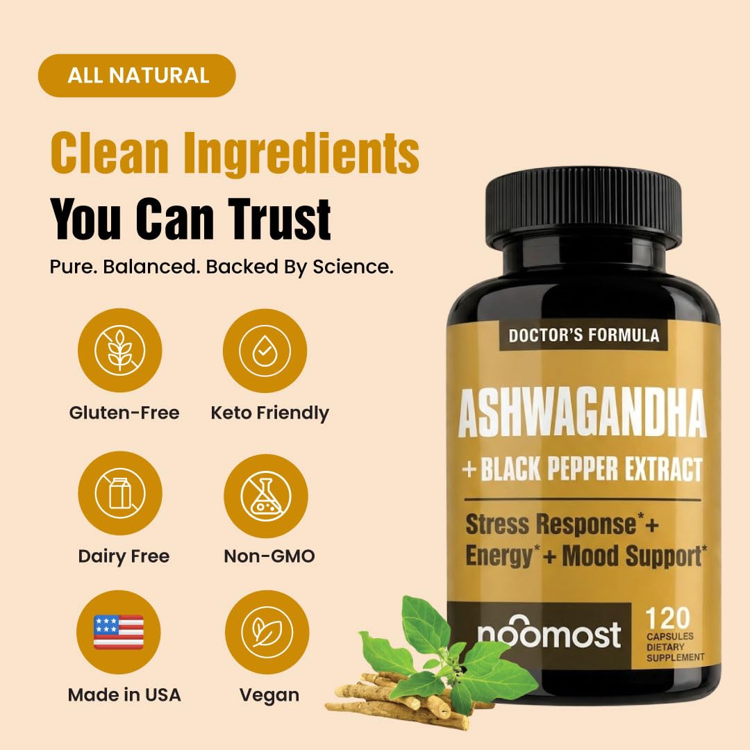 NooMost Ashwagandha 1200mg Supplement | 10% Withanolides with Black Pepper Extract | Pure Root Extract for Stress Relief, Promotes Energy, Mood, Helathy Sleep for Men & Women | 120 Capsules — Amazon image 7