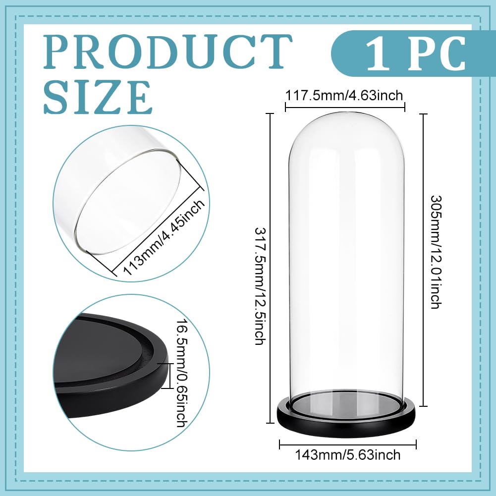 BENECREAT 4.6x12inch Eternal Transparent Flower Glass Cover, Glass Display Dome Cloche Jar with Black Solid Wood Base for DIY Flower Craft