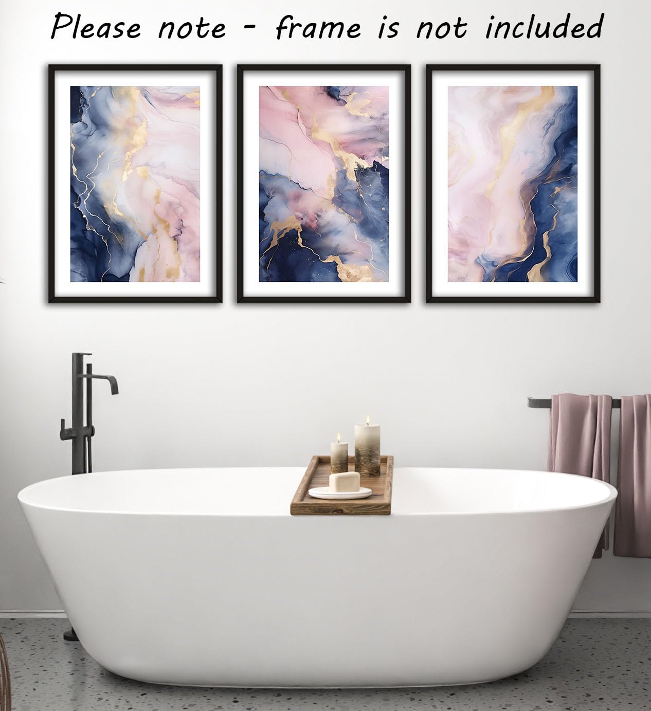 Navy Pink Liquid Marble Set of 3 Unframed Wall Poster Prints, Liquid Marble Textures - Image 3