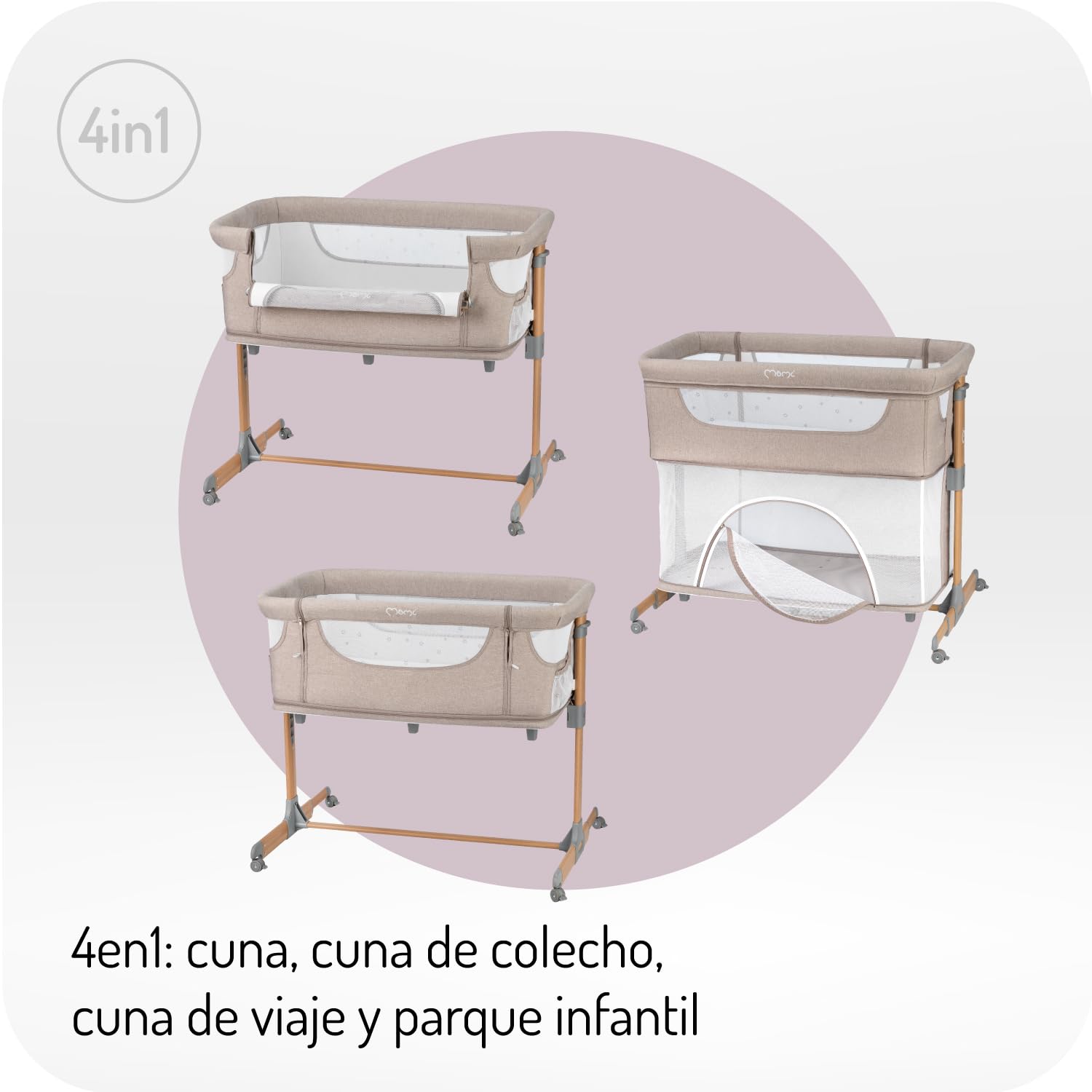 Momi La Cuna Smart Bed multifunción 4 en 1, Cuna colecho y Parque, para niños de hasta 15 kg, con Ajuste de Altura de 5 Posiciones, con colchón, Correas de sujeción y Ruedas