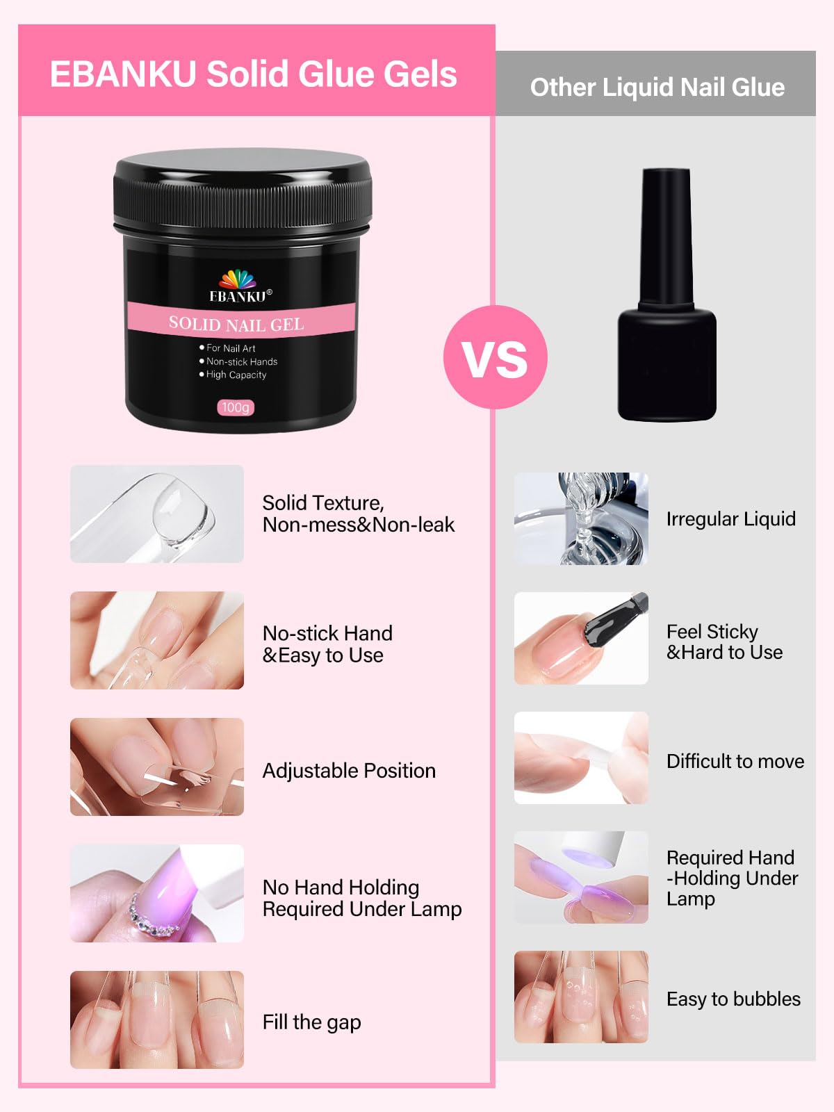 100g Colle gel solide, EBANKU 3 en 1 ultra-forte pour ongles pressés, ongles acryliques et nail art 3D, sans résidus, nécessite une polymérisation UV/LED pour un fini durable