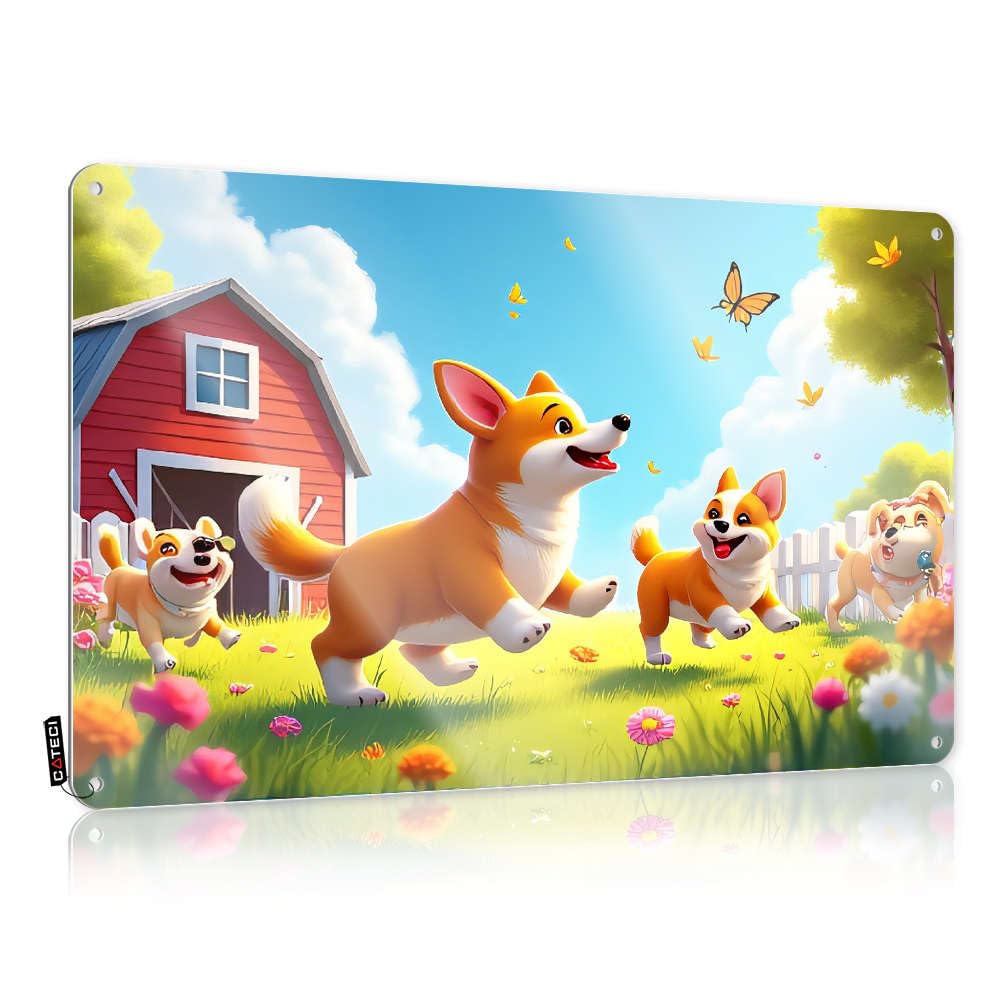 Matal Sign Industrial Clock Home Decor - Corgis Playing In A Colorful Field. Things Rustic Style Artwork For Workshop(30X40CM)