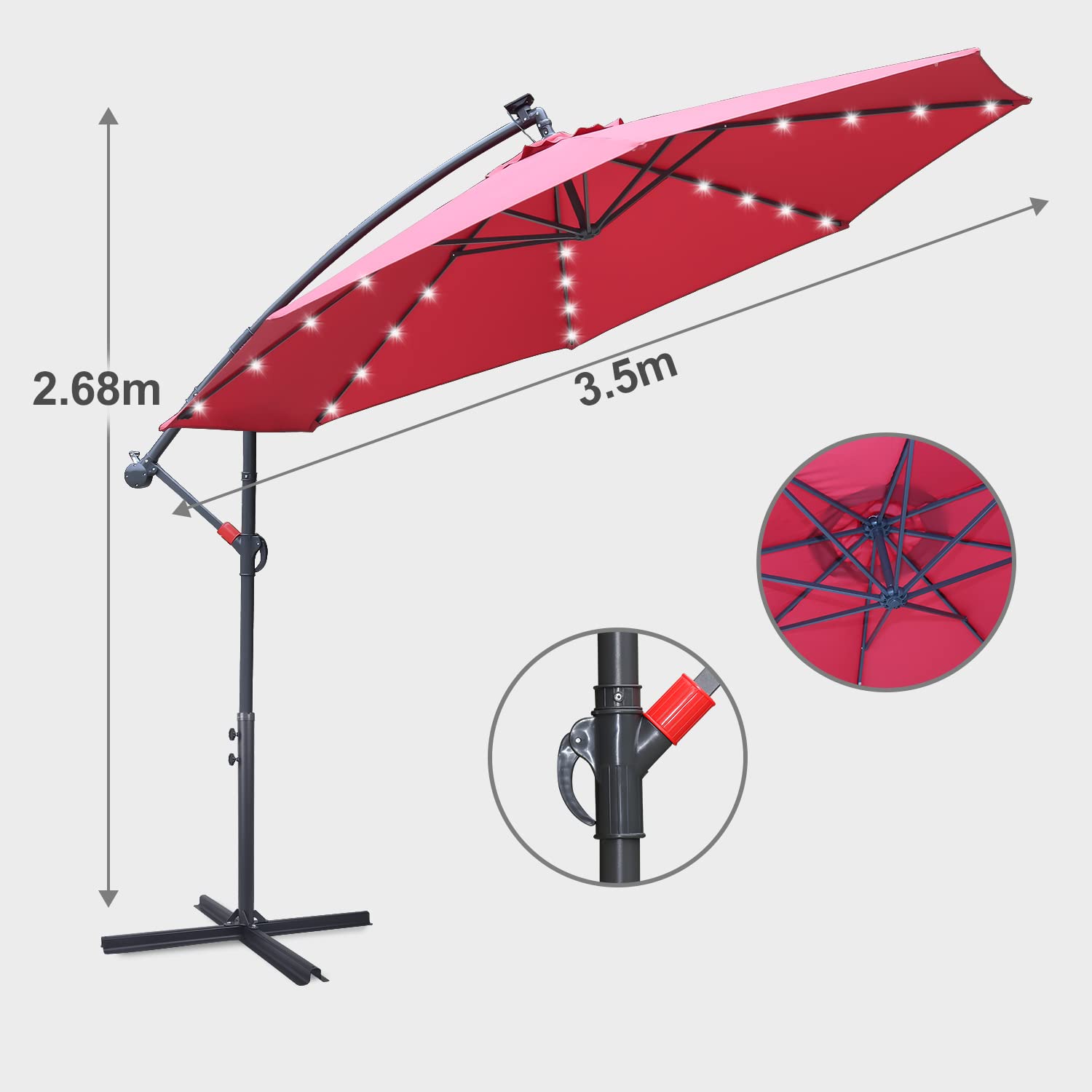 Parasol przeciwsłoneczny LED, 300 cm/350 cm, z korbą, aluminiowy parasol z włącznikiem/wyłącznikiem, ochrona przed promieniowaniem UV i wodoszczelny, z korbą ze stojakiem