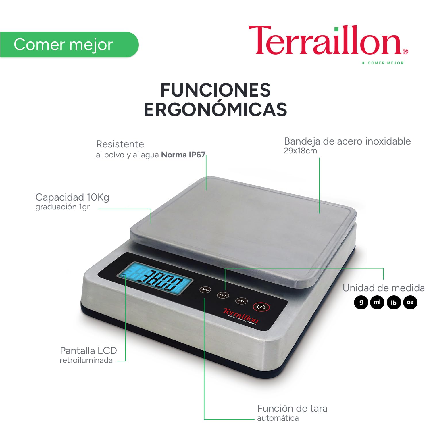 TERRAILLON PRO 10 - Báscula de cocina electrónica profesional, amplia bandeja extraíble de acero inoxidable, 29 x 18 cm, IP67, capacidad 10 kg, graduación 1 g, pantalla LED retroiluminada, acero