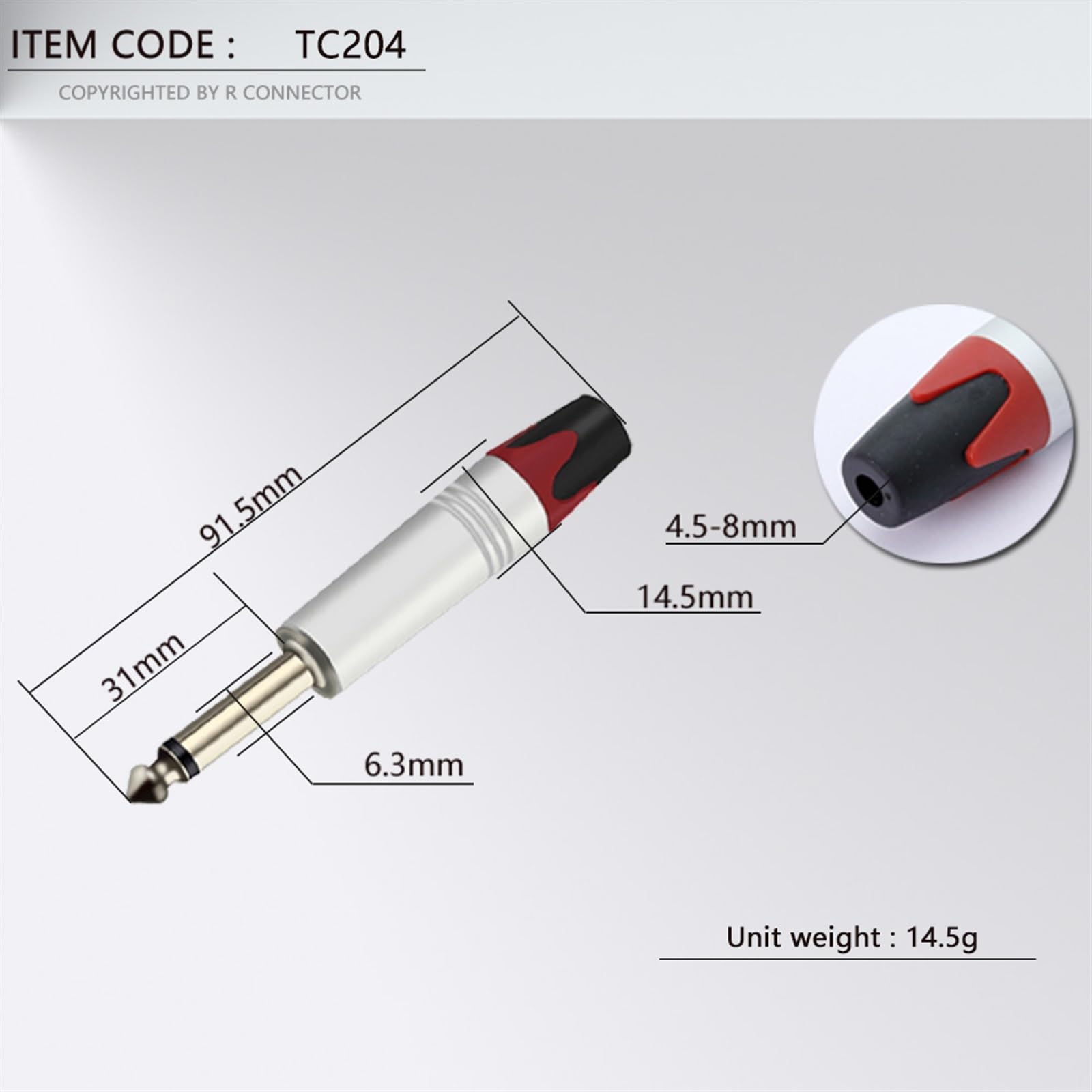10 pezzi mono 6,35 mm jack 1/4" 6,3 mm maschio connettore cavo saldatore tubo alluminio presa microfono audio (rosso)
