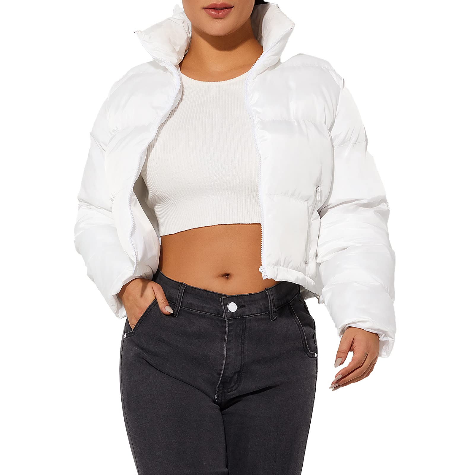 Veste Courte pour Femme Manteaux d'Hiver Femme Courte-Pointe Veste Décontractés Crop Down