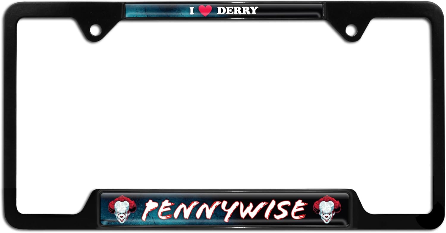 Elektroplate Officially Licensed - IT Movie Pennywise I Love Derry Black All-Metal Open Corners Horror License Plate Frame Tag Holder for Cars/SUVs/Trucks Weather-Proof Automotive Accessory