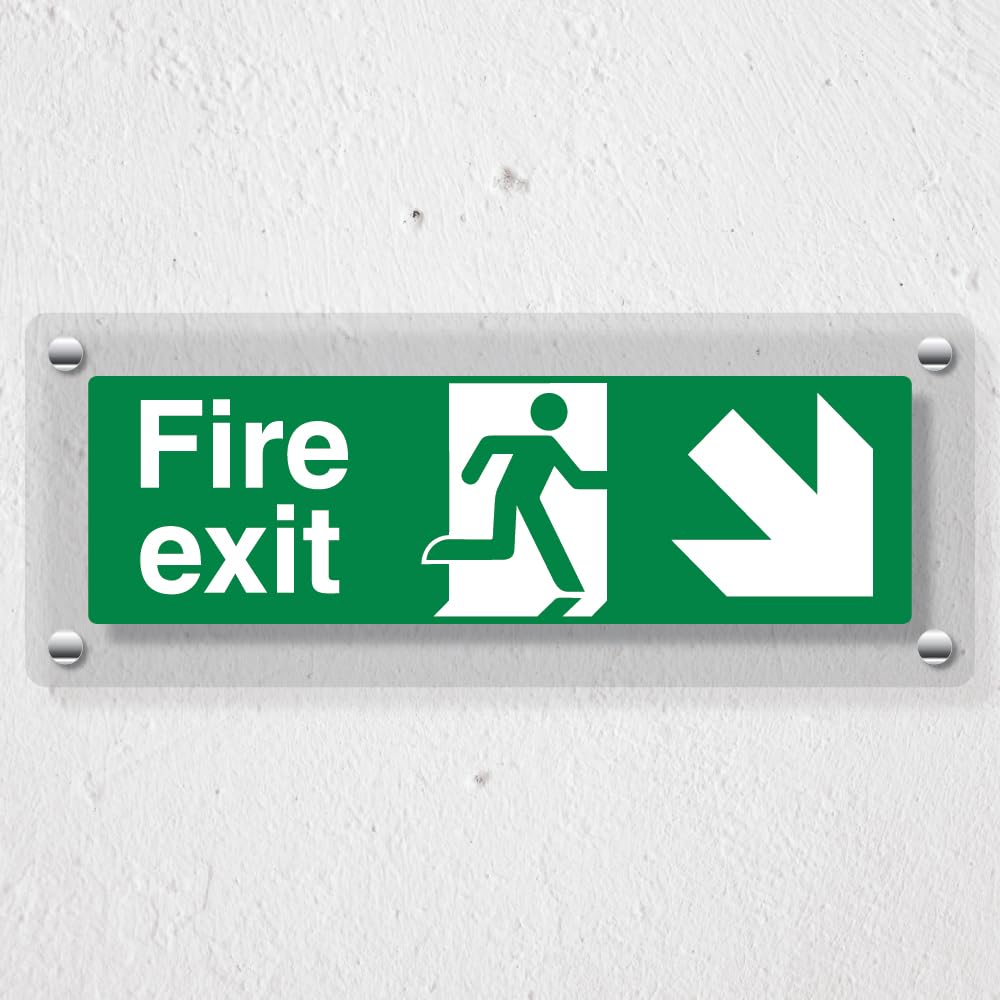 V Safety Fire Exit Arrow Down Right - 300 x 100 mm - Acrylic Perspex Cast Clear Safety Sign