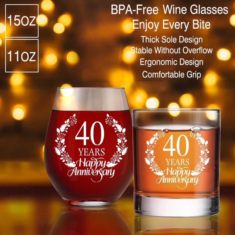 Perfectinsoy 40 Years Happy Anniversary Whiskey Glass and Stemless Wine Glass Gift Set, 40th Anniversary Wedding Gift For Mom, Dad, Soulmate, Couple, 40 Years Gifts, Happy 40th Anniversary - Image 3