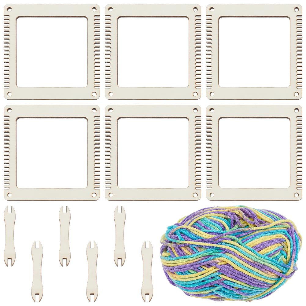 WEBEEDY 6 Pack Wooden Weaving Loom Kit for Adults Beginners, 6 Square Small DIY Craft Wood Loom with 6 Shuttles for Home Knitting Projects Weaving Art Making Decor, 7.6x7.6cm