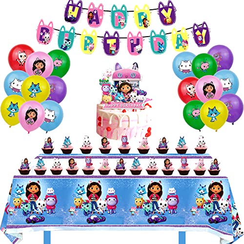 Cute Gabby Doll Birthday Party Decorations, Cartoon Doll-house Party Supplies Favors Includes Banner,Cake Toppers,Cupcake Toppers, Tablecloth and Latex Balloons.