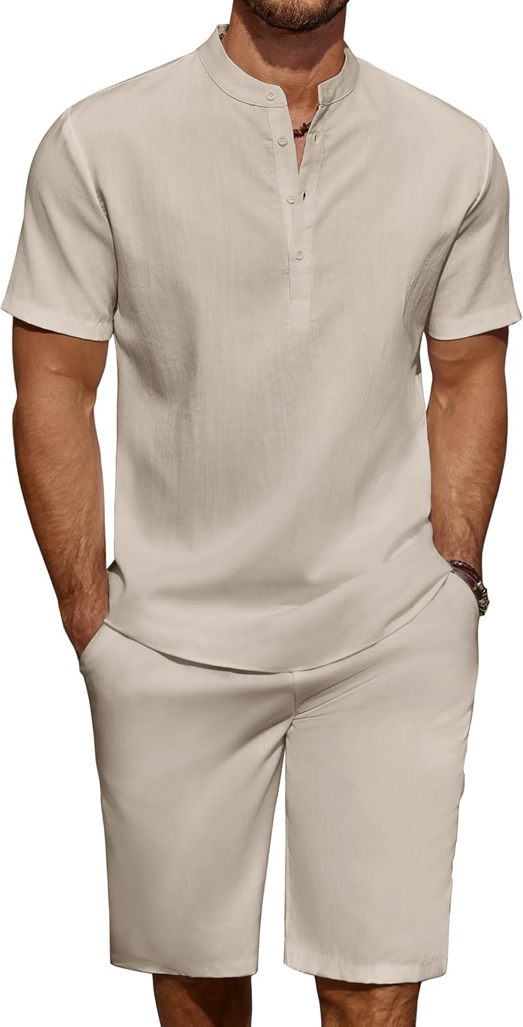 COOFANDY Men’s 2 Pieces Linen Set Casual Henley Shirts Short Sleeve Beach Yoga Shorts Summer Pants Outfits