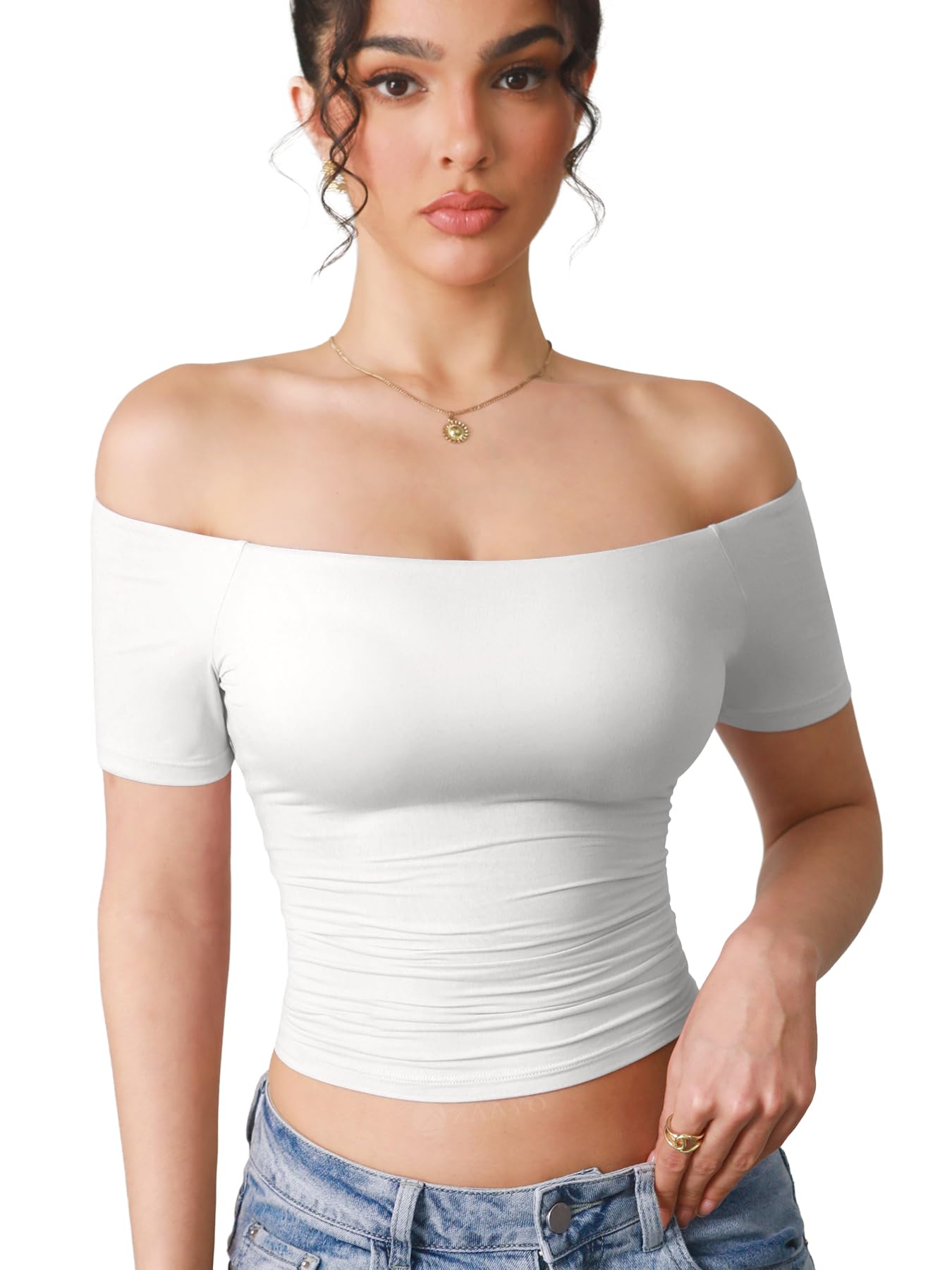ZAAYO Maglietta da donna a maniche corte, con spalle scoperte, modello Y2K Summer Crop Top