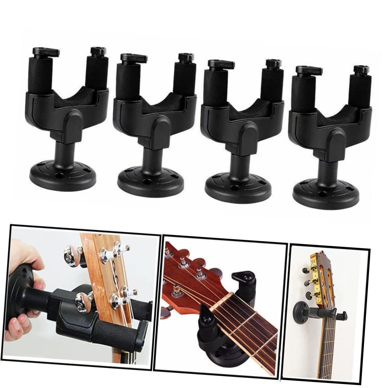 Gancio Chitarra da Muro Nero Abs 4 Pezzi con Base Auto-bloccante | Compatibile con Chitarra e Basso, Montaggio Semplice, Supporto Staccabile con Impugnatura Automatica