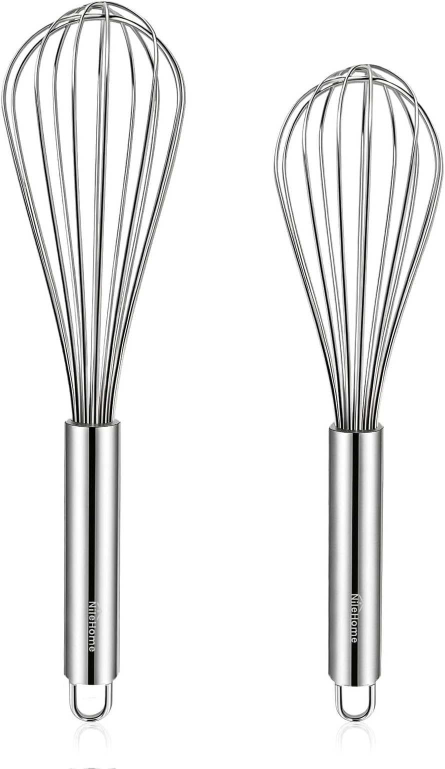 NileHome Whisk, Stainless Steel Wisk Set 8" 10" Kitchen Whisk Wisking Tool Kitchen Wisk Wire Whisks for Cooking, Whisking, Blending, Beating, Stirring-…
