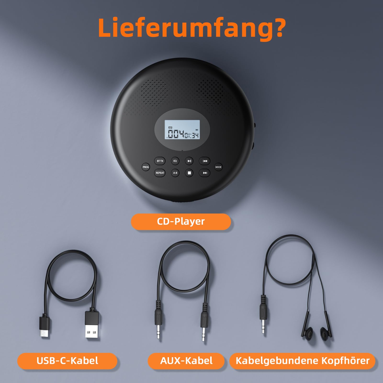 Arafuna Tragbarer CD-Player mit Bluetooth, wiederaufladbarer CD-Player mit Lautsprechern, Anti-Schock, LCD-Display, 7 Wiedergabemodi & 5 EQ, unterstützt TF & AUX, geeignet für Auto, Zuhause und Reise
