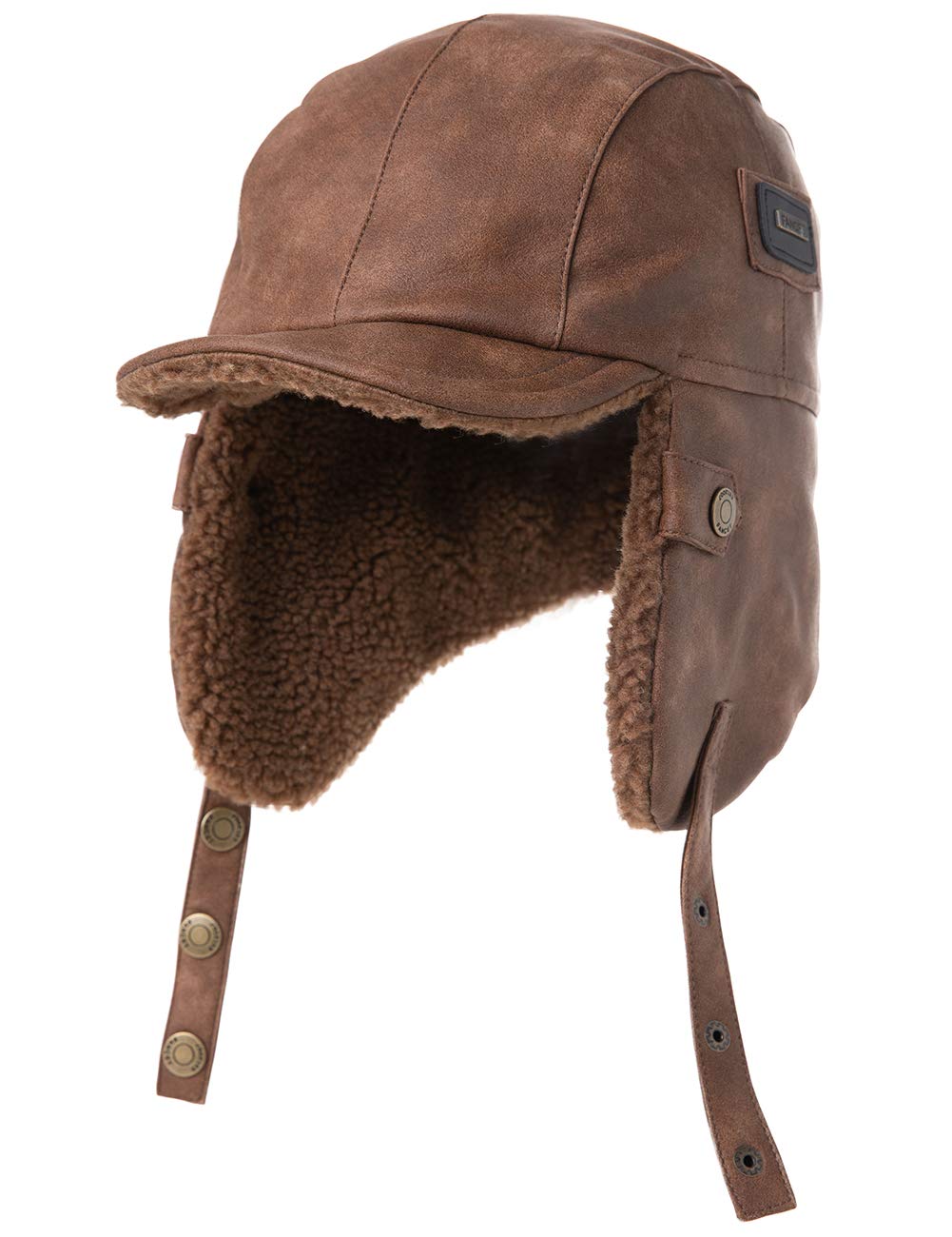 Fancet Mens Snow Trooper Ww2 Faux Leather Earflap Aviator Costume Hat Pilot Cap for Women Winter Trapper Flight Tan 56-59cm