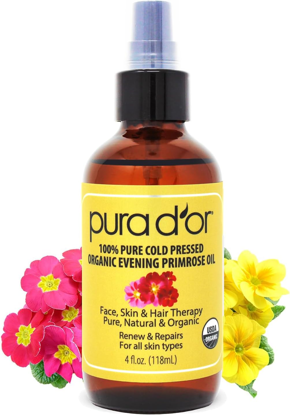 PURA D'OR Organic Evening Primrose Oil (4oz) 100% Pure Cold Pressed w/Natural Essential Fatty Acids & Antioxidant Rich - Moisturizes, Rejuvenates, Renews & Restores - Skin, Hair & Face