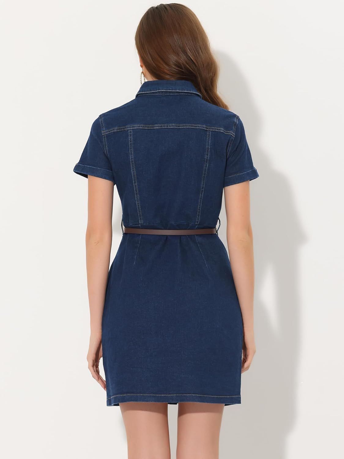 Allegra K Women's Denim Shirt Dress Collar Short Sleeve Belted Button Up Jean Dresses - Image 4