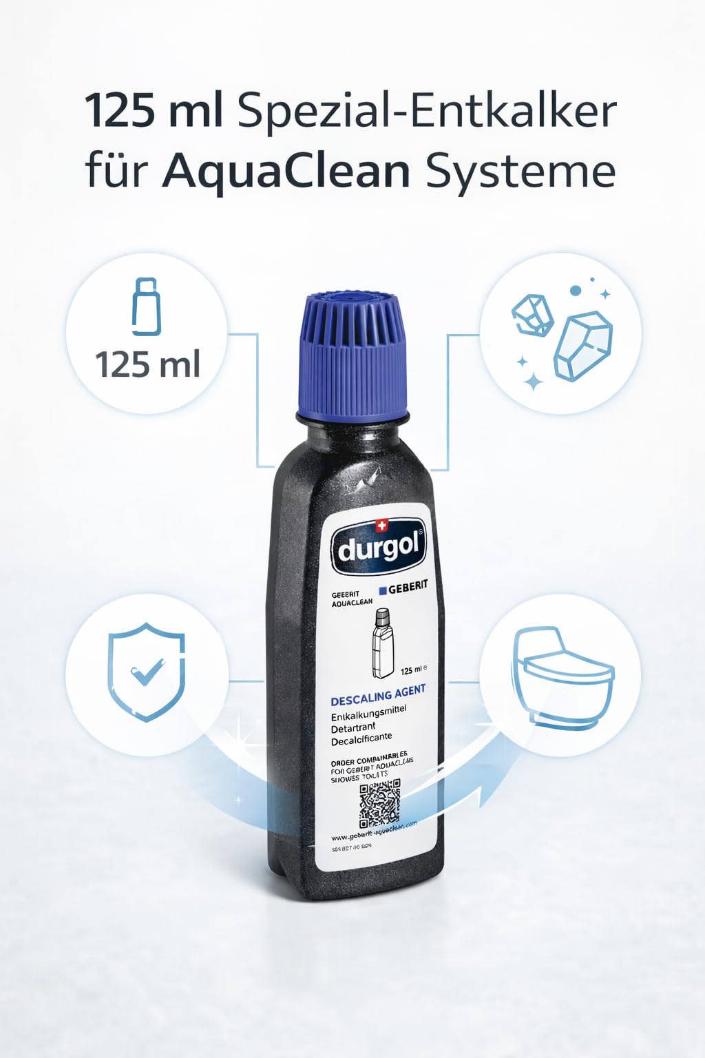 Geberit AquaClean Pflegeset – Reinigungsmittel 2 x 500 ml + Entkalkungsmittel 10 x 125 ml + Mikrofasertuch – Für gründliche Reinigung und Entkalkung Ihres Dusch-WCs