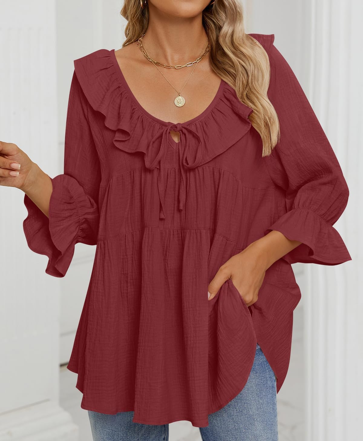 ZESICA Womens Scoop Neck 3/4 Length Sleeve Tops 2026 Casual Tie Front Ruffle Tiered Loose Tunic Shirts Blouses Fall Outfits - Image 3