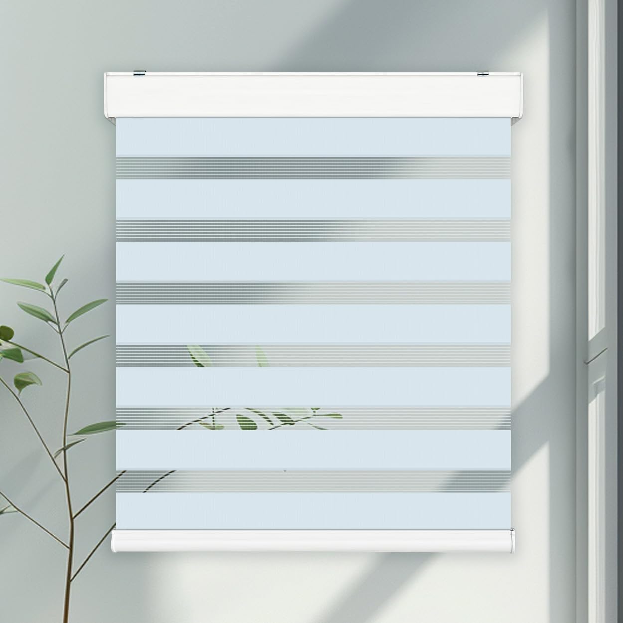 FOIRESOFT Custom Cordless Light Filtering Zebra Blinds [Morning, Pastel_Blue, W 20-90 x H 10-78 inch] Windows Sheer Shades for Day and Night Light Control, Gentle Moving Dual Layer