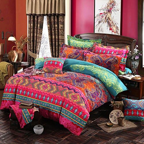 Omelas Bohemian Queen Duvet Cover Set Colorful Boho Floral Bedding Super Soft Microfiber Duvets Cover Queen Size Zipper Closure Indian Tribal Exotic Comforter Cover (MJH,Q,3pcs)