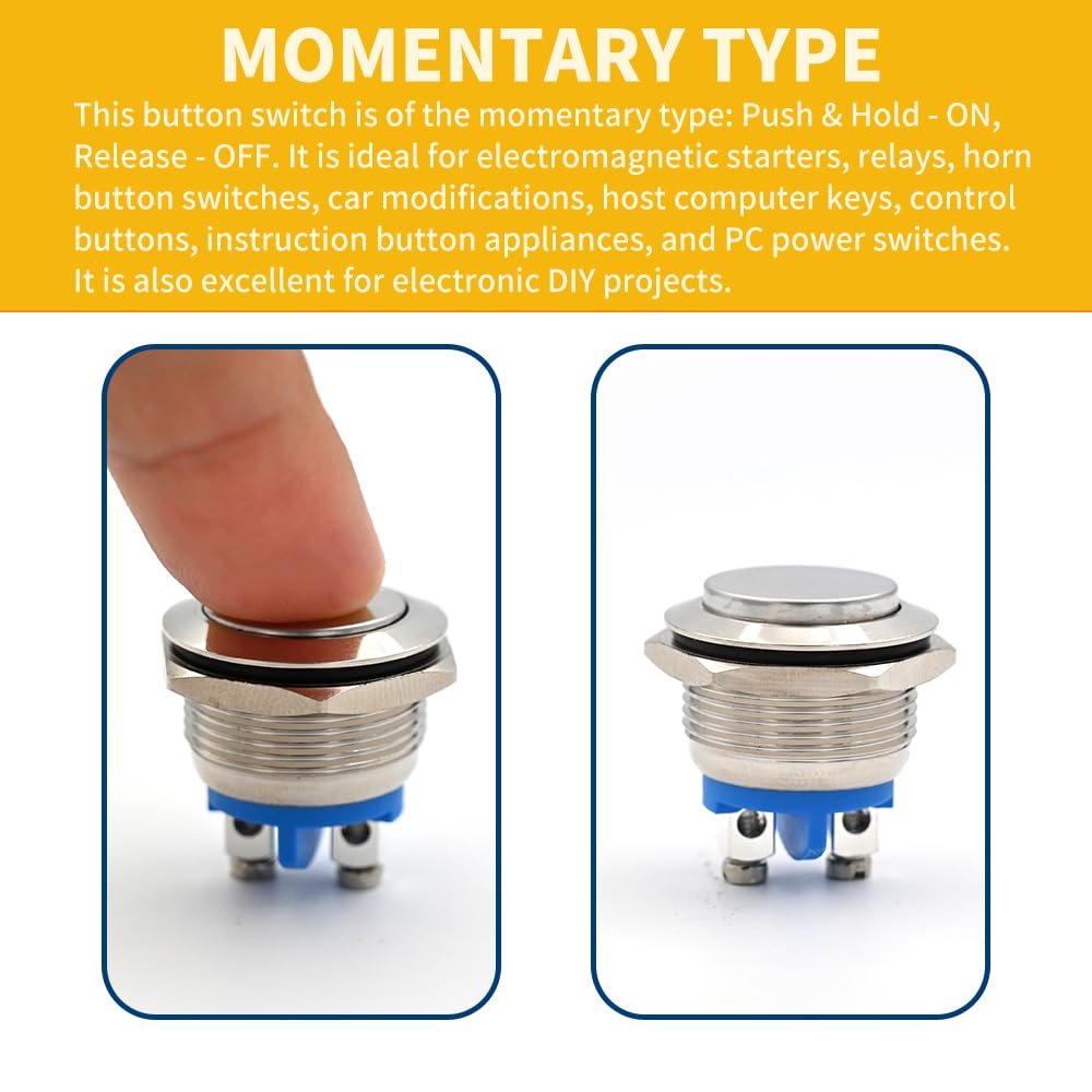 19mm Momentary Push Button Switch, 50PCS Waterproof Marine Horn Button with Nickel Plated Brass Terminals, SPST 12V 24V Silver Metal Shell for Car Boat Truck ATV UTV