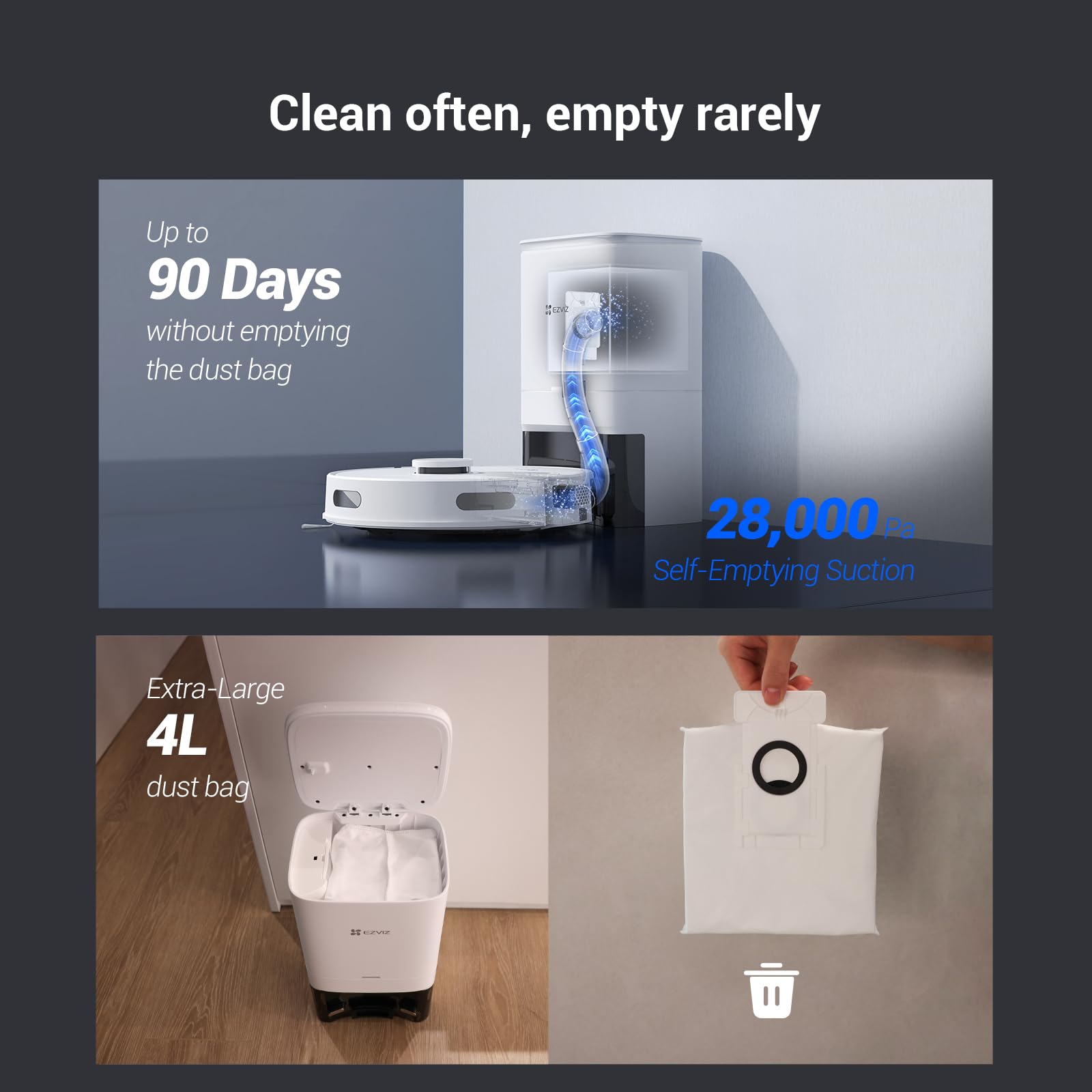 EZVIZ Robot Aspirapolvere Lavapavimenti con Base a Svuotamento Automatico Polvere, Navigazione LiDAR Rilevamento Ostacoli, Aspirazione 4000Pa, Batteria da 180 min, Controllo APP/Alexa, RE5 Plus