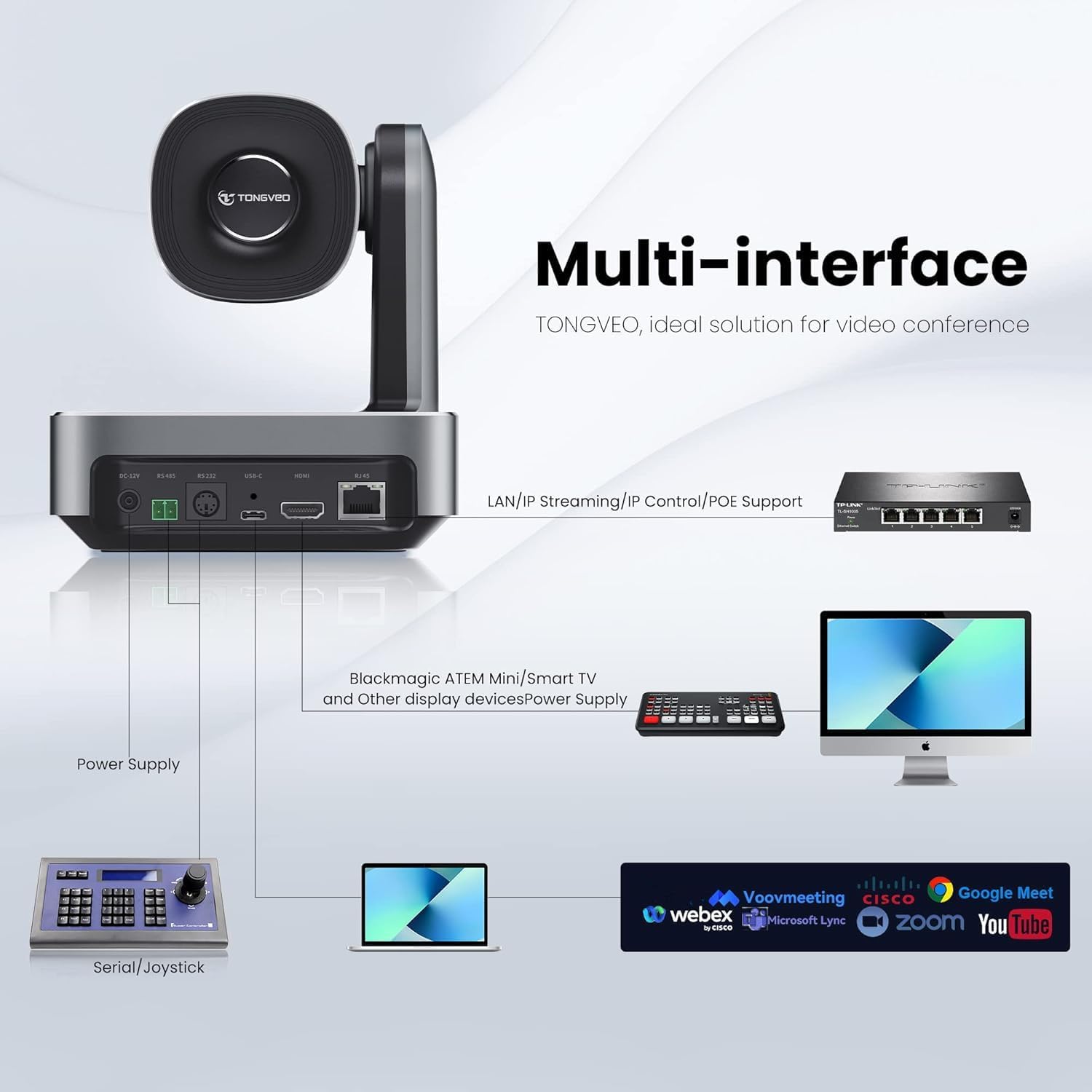 AI Auto-Tracking PTZ Camera 20x Optical Zoom HDMI USB IP Live Streaming Camera 1080P 60fps Video Conferencing System POE Supply for Church Services Worship Education Work with Zoom Team vMix OBS