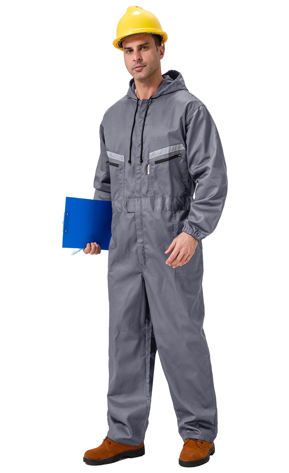 Uomo Incappucciato Tuta da Lavoro Multitasche in Poliestere e Cotone Tuta da Lavoro con Elastico Salopette da Lavoro Uniforme con Tasche, Grigio, M
