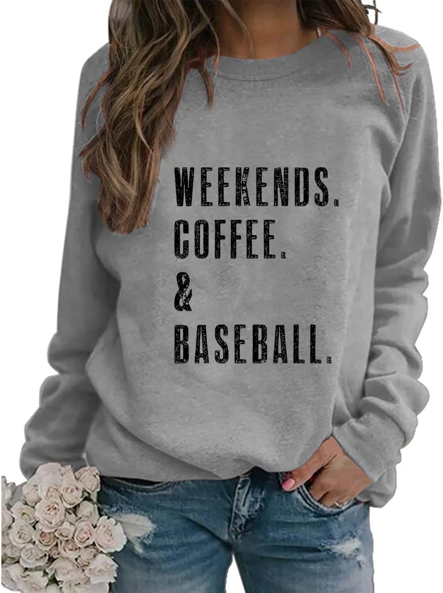 Weekends Coffee Baseball SweatShirt Women Baseball Mom Shirt Crew Neck Long Sleeve Funny Pullovers Tops with Sayings